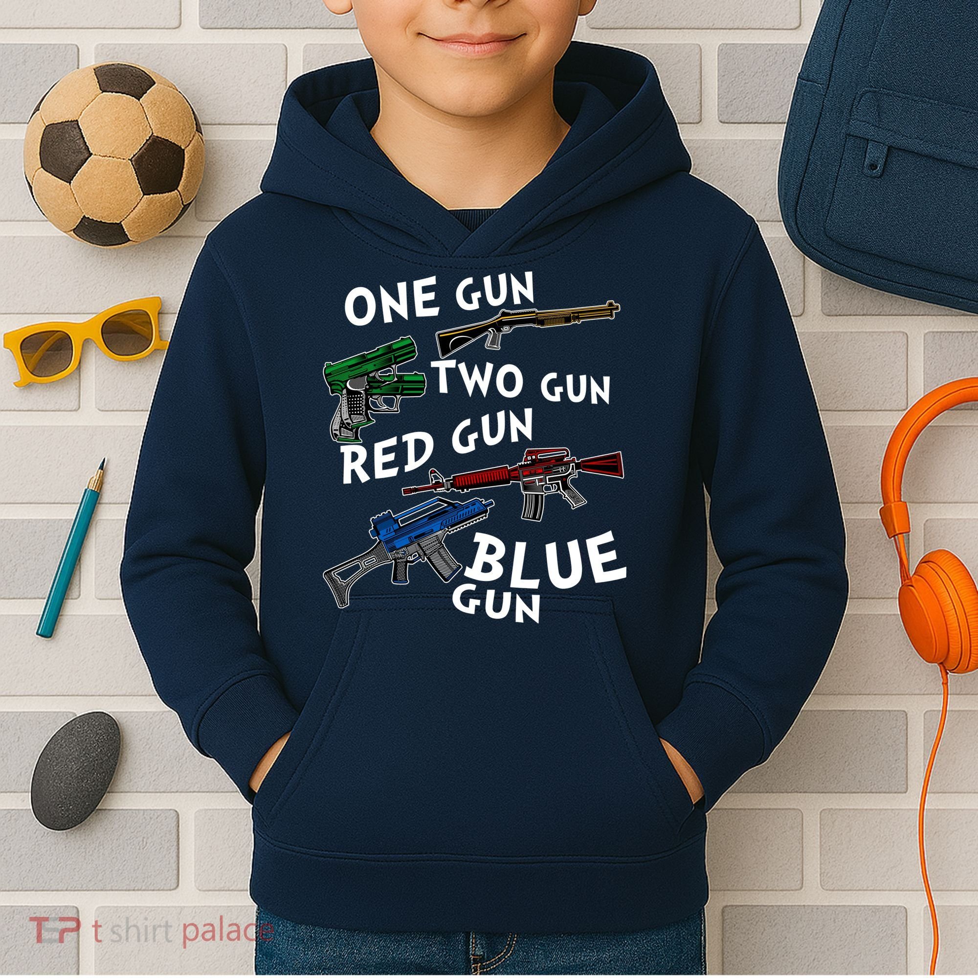 One Gun Two Gun Red Gun Blue Gun Funny Weapons Kids Hoodie
