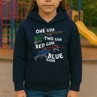 One Gun Two Gun Red Gun Blue Gun Funny Weapons Kids Hoodie thumb 3