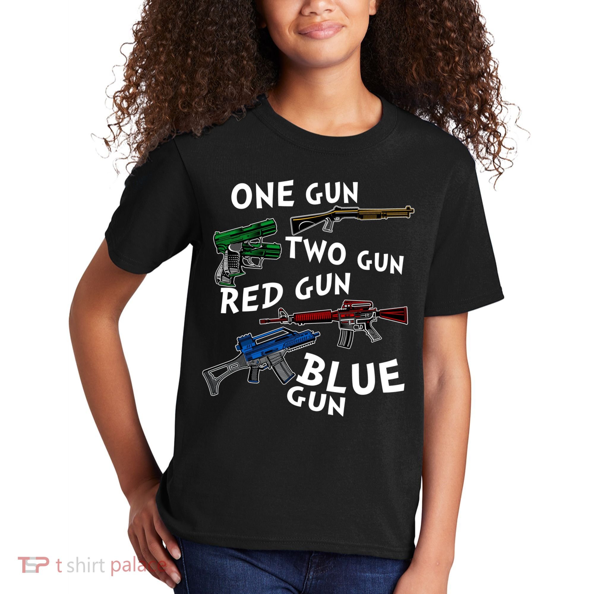 One Gun Two Gun Red Gun Blue Gun Funny Weapons Kids T-Shirt