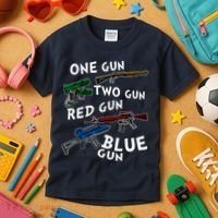 One Gun Two Gun Red Gun Blue Gun Funny Weapons Kids T-Shirt thumb 3