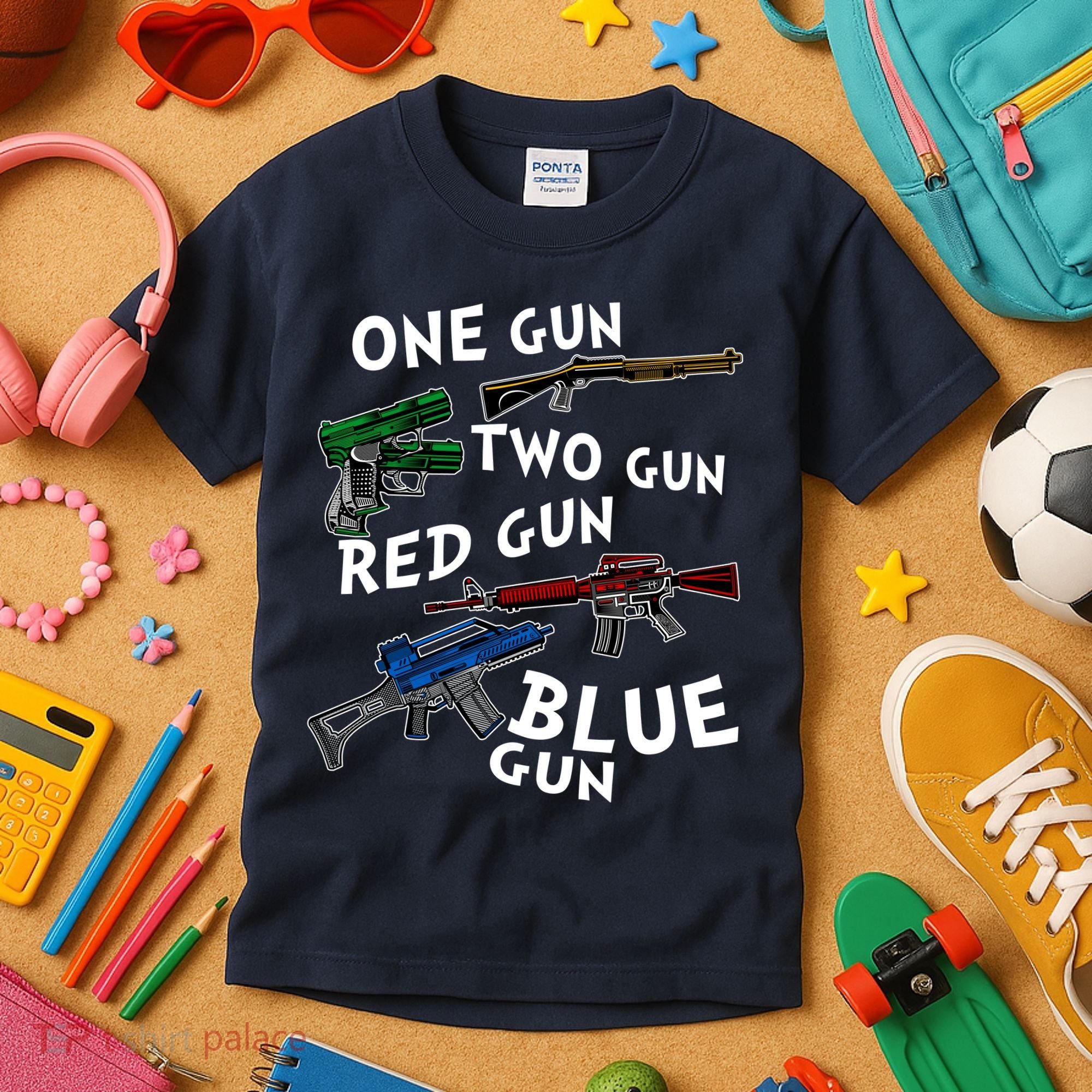 One Gun Two Gun Red Gun Blue Gun Funny Weapons Kids T-Shirt