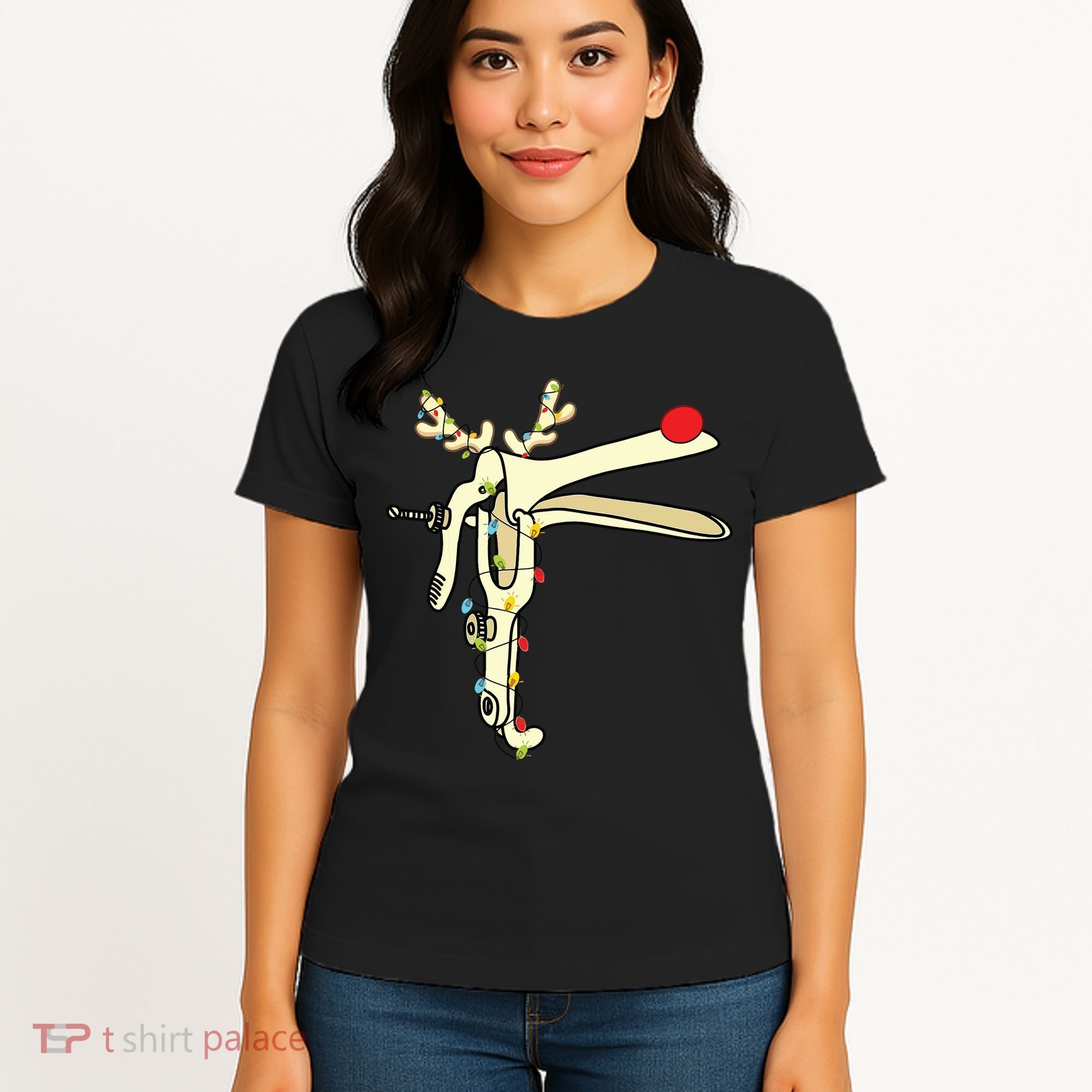 Obgyn Nurse Merry Christmas Reindeer Speculum Xmas Lights Women's T-Shirt