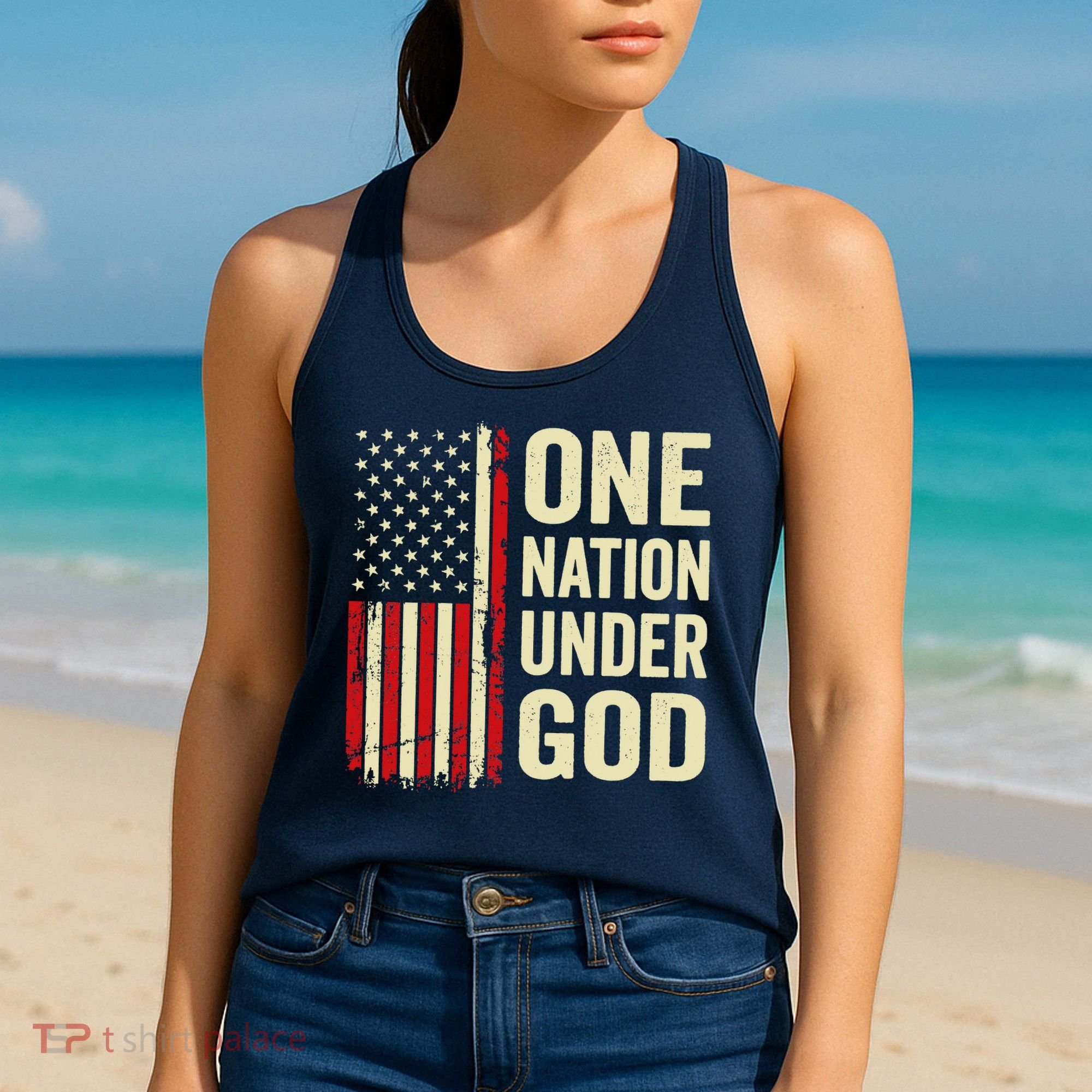 One Nation Under God Patriotic Christian USA Flag Women's Tank Top