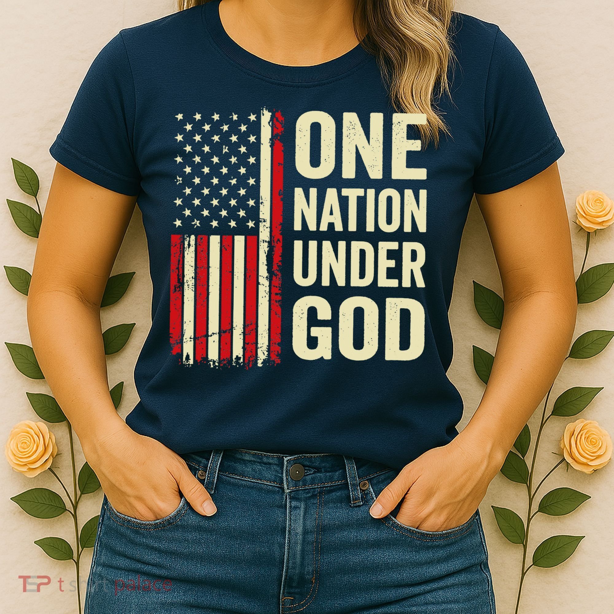 One Nation Under God Patriotic Christian USA Flag Women's T-Shirt