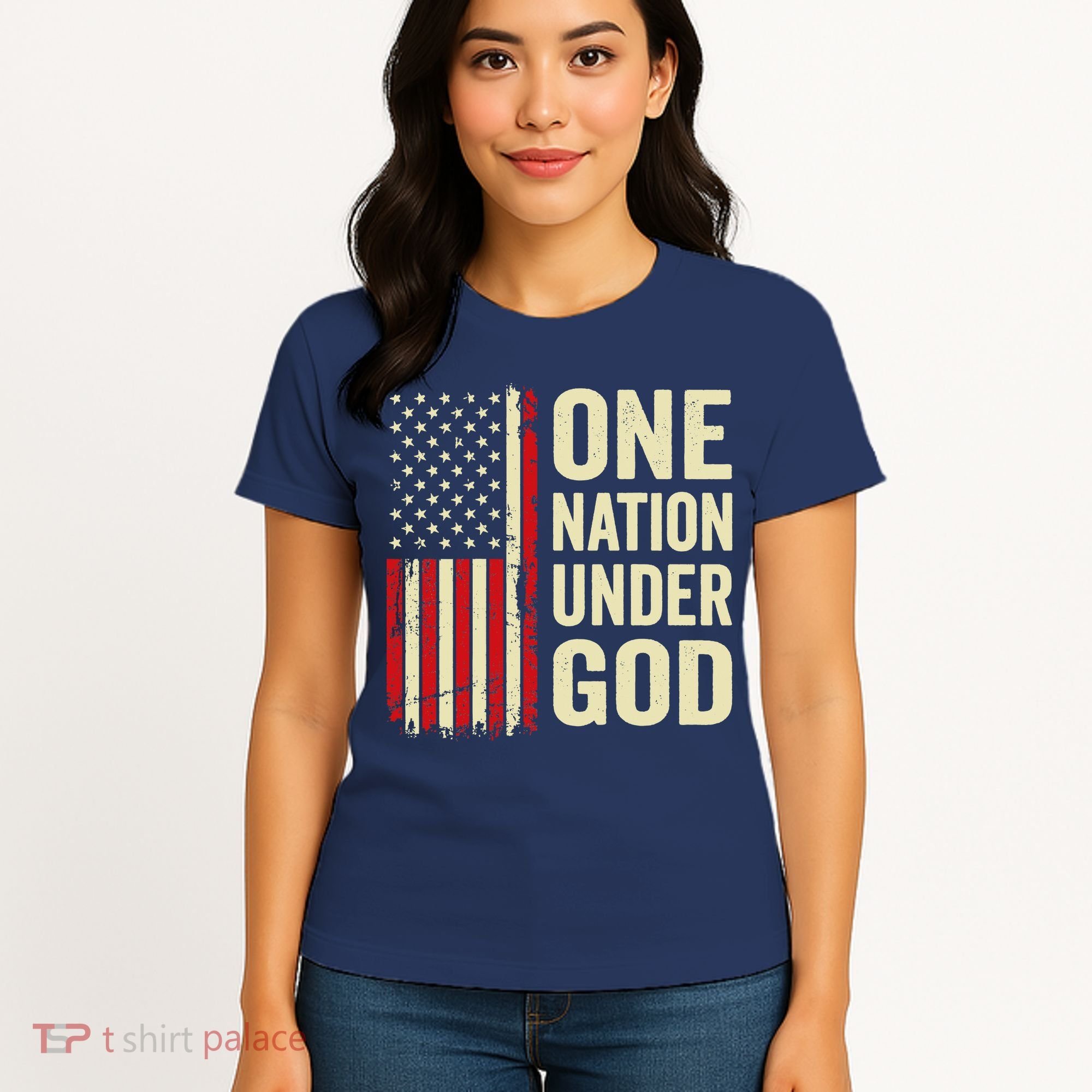 One Nation Under God Patriotic Christian USA Flag Women's T-Shirt