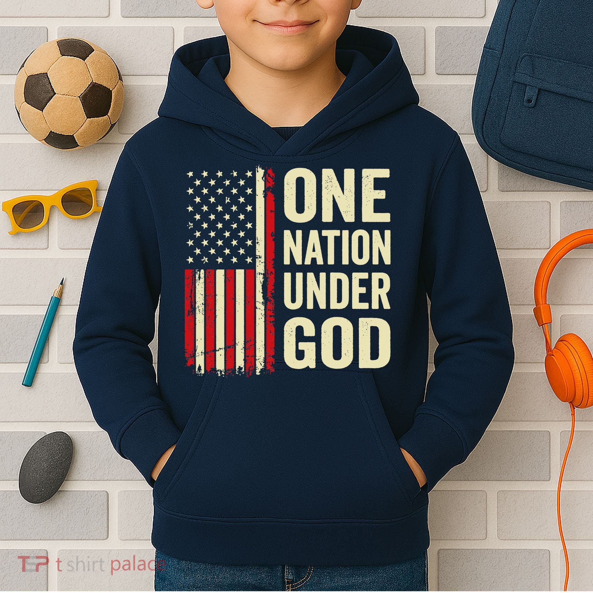 One Nation Under God Patriotic Christian USA Flag Kids Hoodie