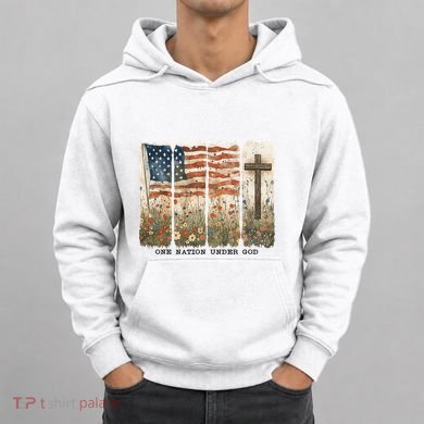 One Nation Under God USA Flag Cross Floral Christian  Hoodie