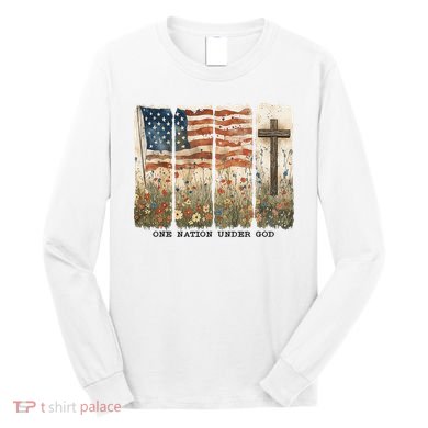 One Nation Under God USA Flag Cross Floral Christian  Long Sleeve Shirt