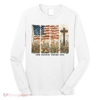 One Nation Under God USA Flag Cross Floral Christian  Long Sleeve Shirt thumb 0
