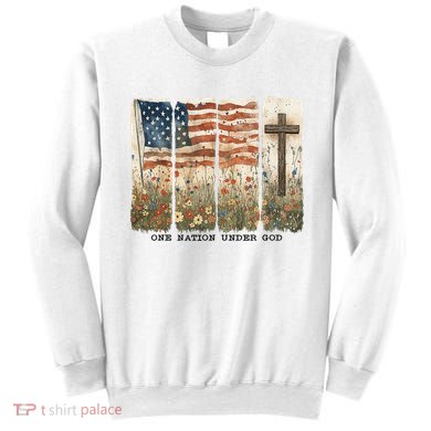 One Nation Under God USA Flag Cross Floral Christian  Sweatshirt