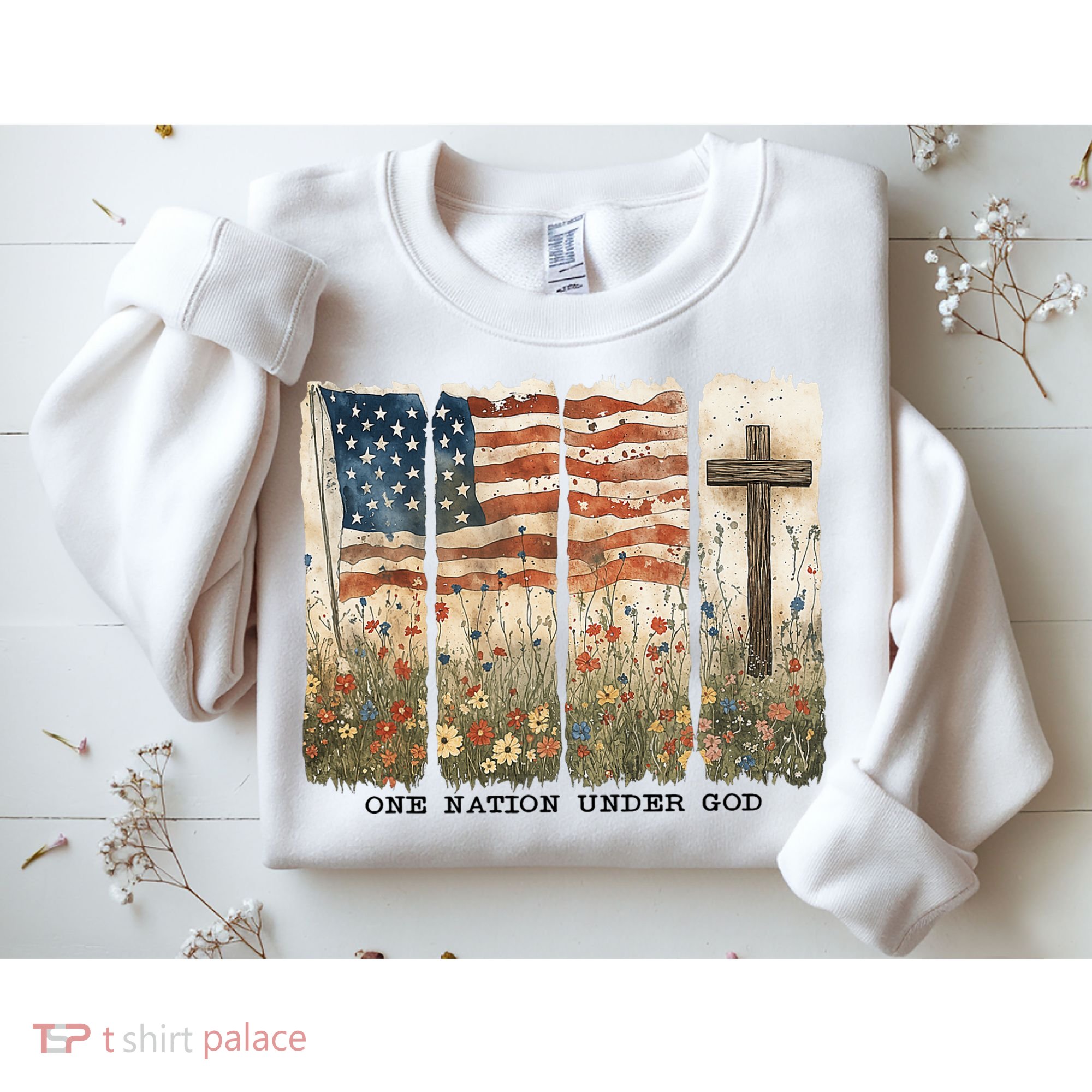 One Nation Under God USA Flag Cross Floral Christian  Sweatshirt