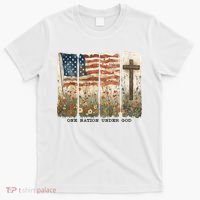 One Nation Under God USA Flag Cross Floral Christian  T-Shirt thumb 0