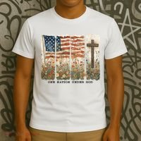 One Nation Under God USA Flag Cross Floral Christian  T-Shirt thumb 3
