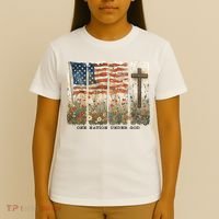 One Nation Under God USA Flag Cross Floral Christian  T-Shirt thumb 4