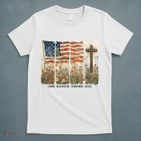 One Nation Under God USA Flag Cross Floral Christian  T-Shirt thumb 5