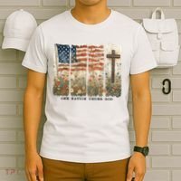 One Nation Under God USA Flag Cross Floral Christian  T-Shirt thumb 6