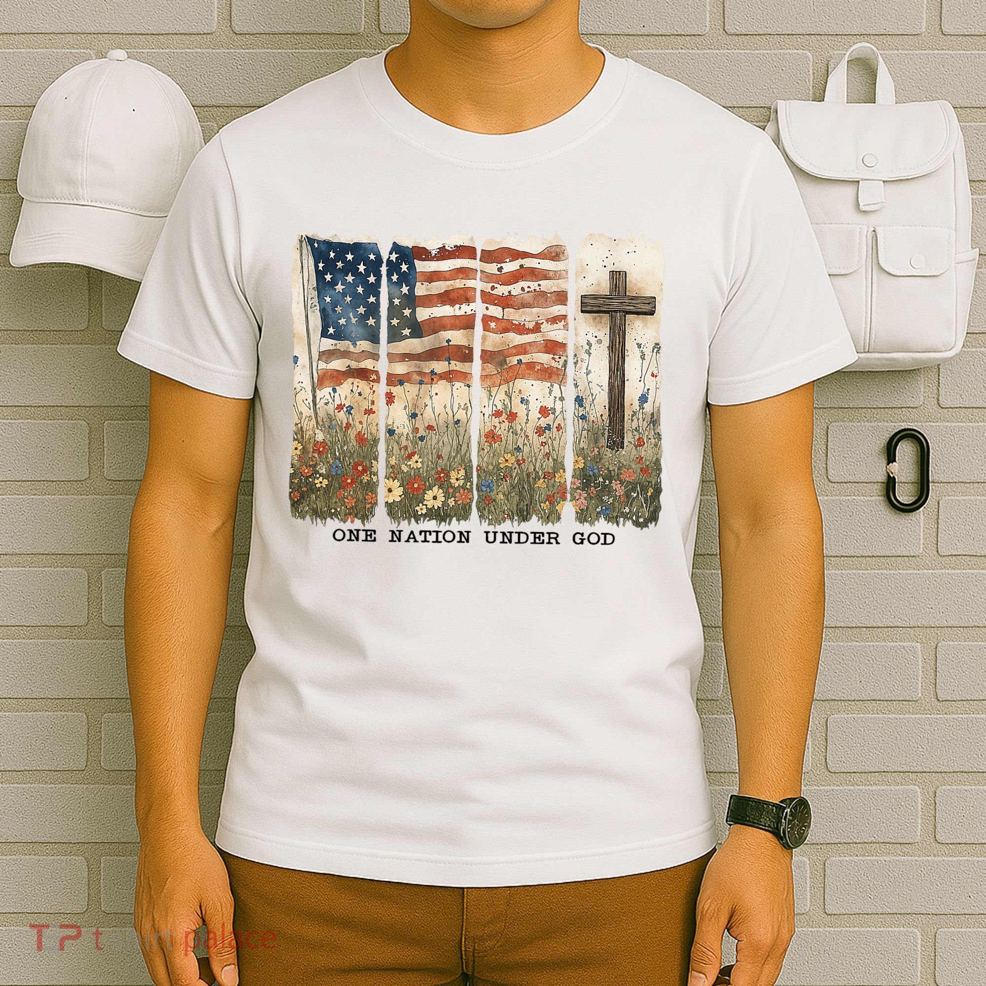 One Nation Under God USA Flag Cross Floral Christian  T-Shirt