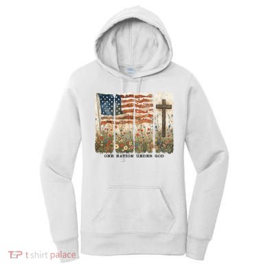 One Nation Under God USA Flag Cross Floral Christian  Women's Hoodie