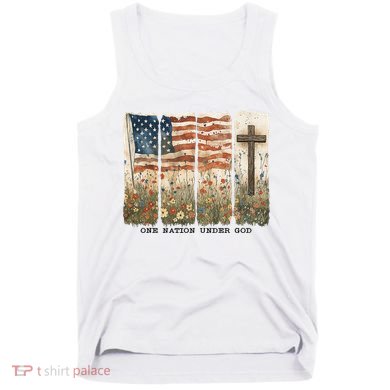 One Nation Under God USA Flag Cross Floral Christian  Tank Top