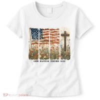 One Nation Under God USA Flag Cross Floral Christian  Women's T-Shirt thumb 0