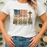 One Nation Under God USA Flag Cross Floral Christian  Women's T-Shirt thumb 2