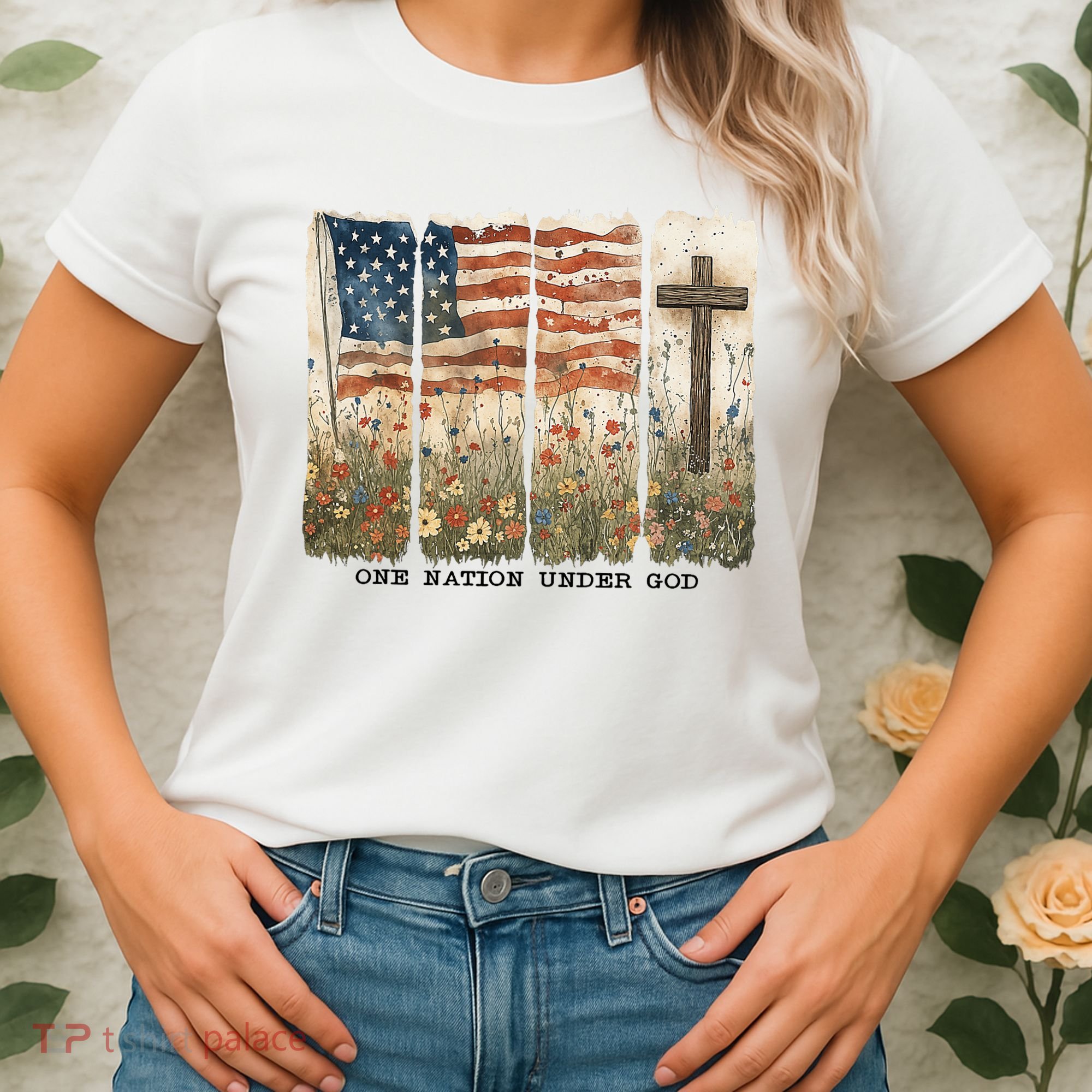 One Nation Under God USA Flag Cross Floral Christian  Women's T-Shirt