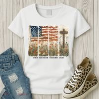 One Nation Under God USA Flag Cross Floral Christian  Women's T-Shirt thumb 3