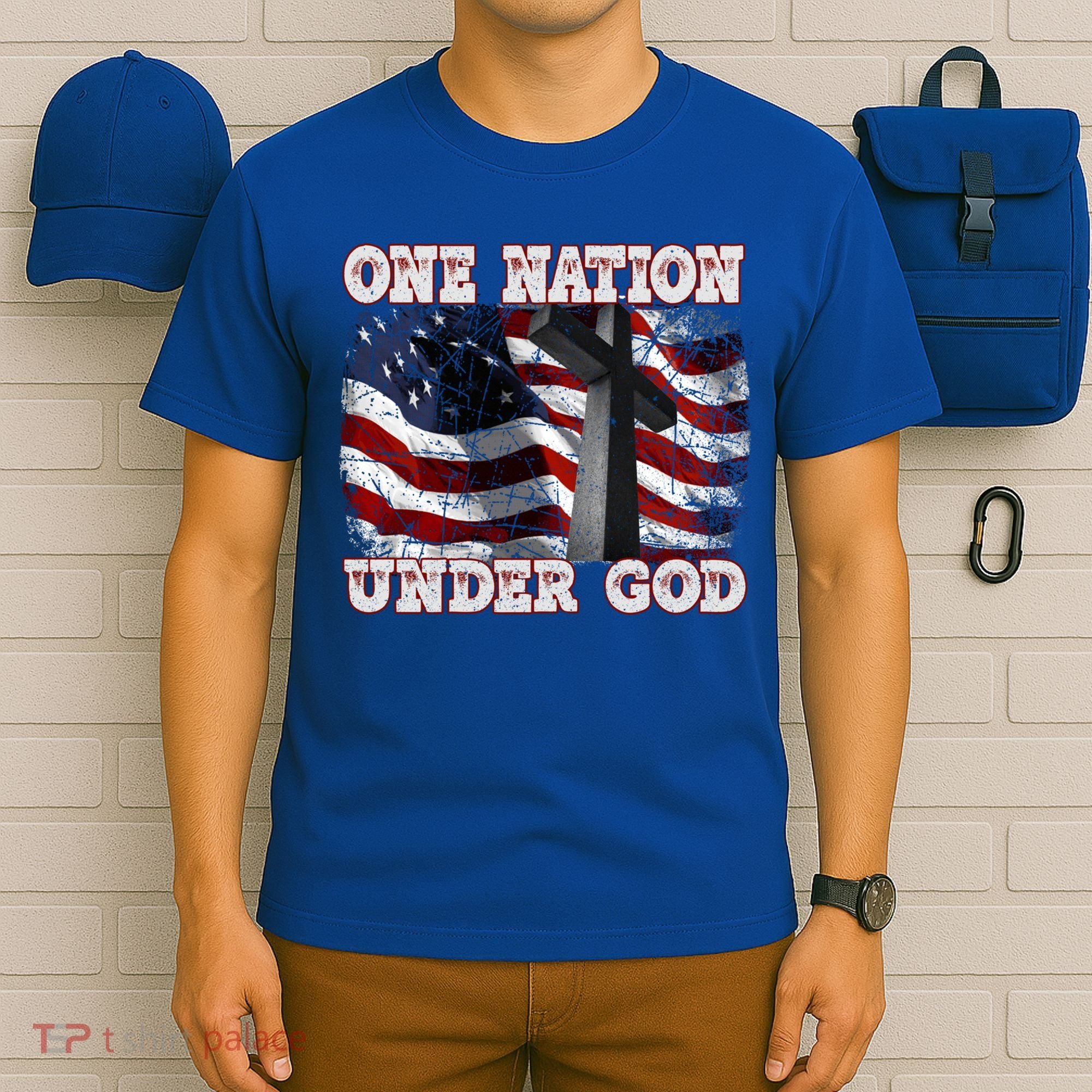 One Nation Under God Patriotic Christian Cross American Flag Cool Gift T-Shirt