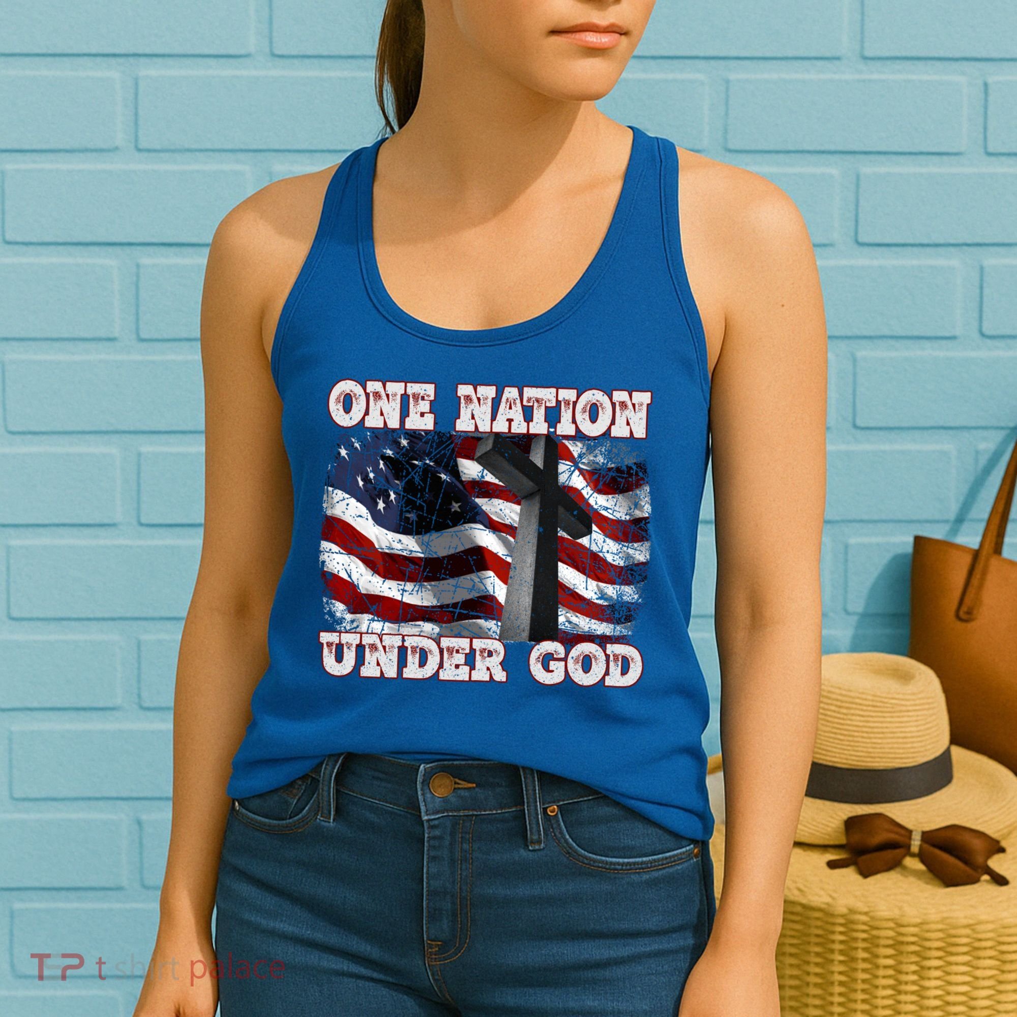 One Nation Under God Patriotic Christian Cross American Flag Cool Gift Women's Tank Top