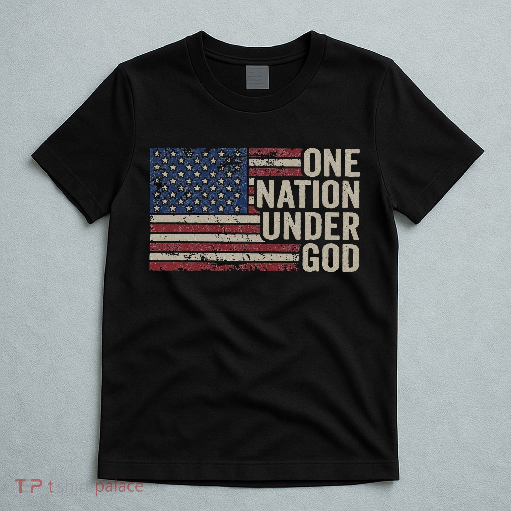 ONE NATION UNDER GOD Christian USA Vintage American Flag T-Shirt