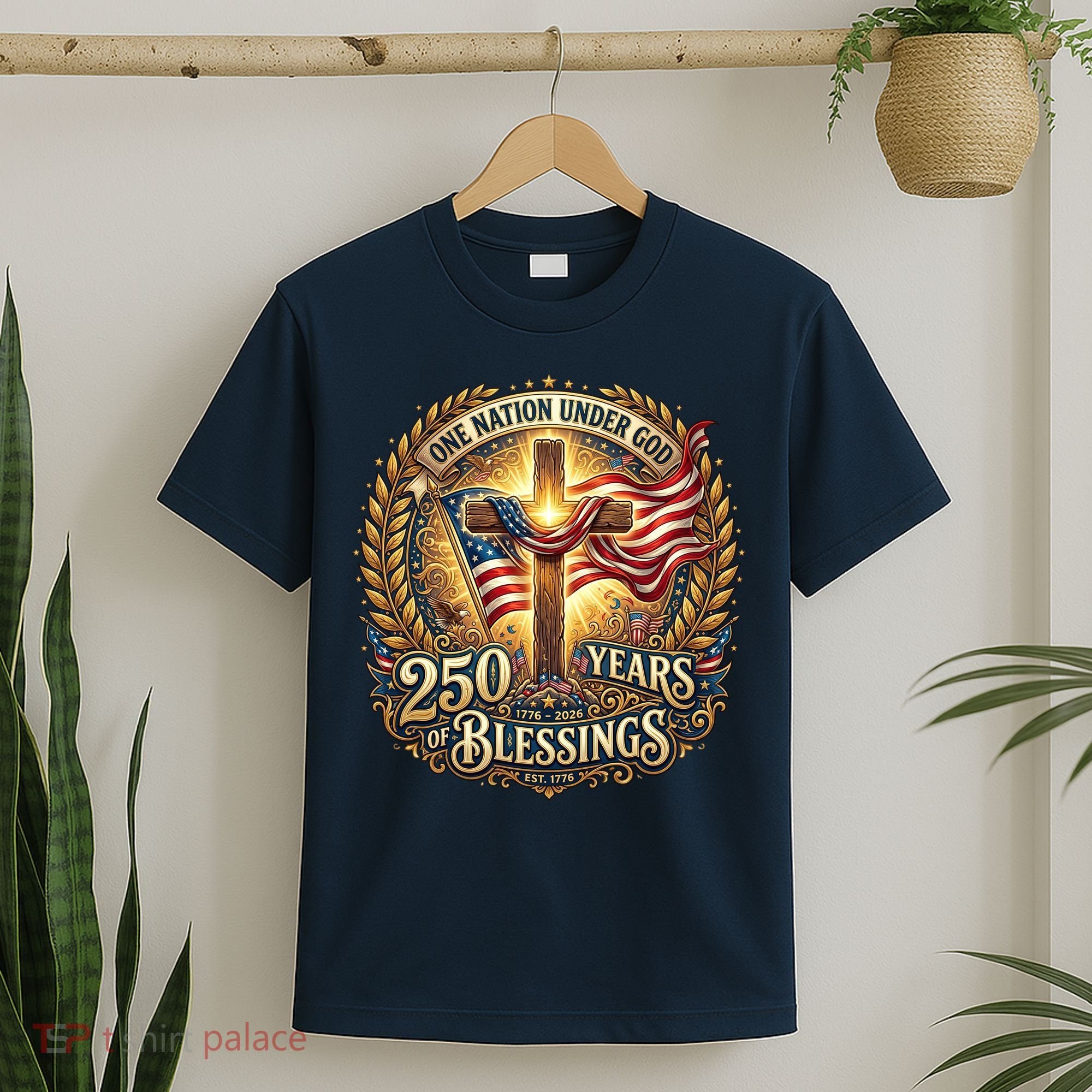 One Nation Under God 250 Years Of Blessings EST 1776 Vintage Gold Emblem T-Shirt