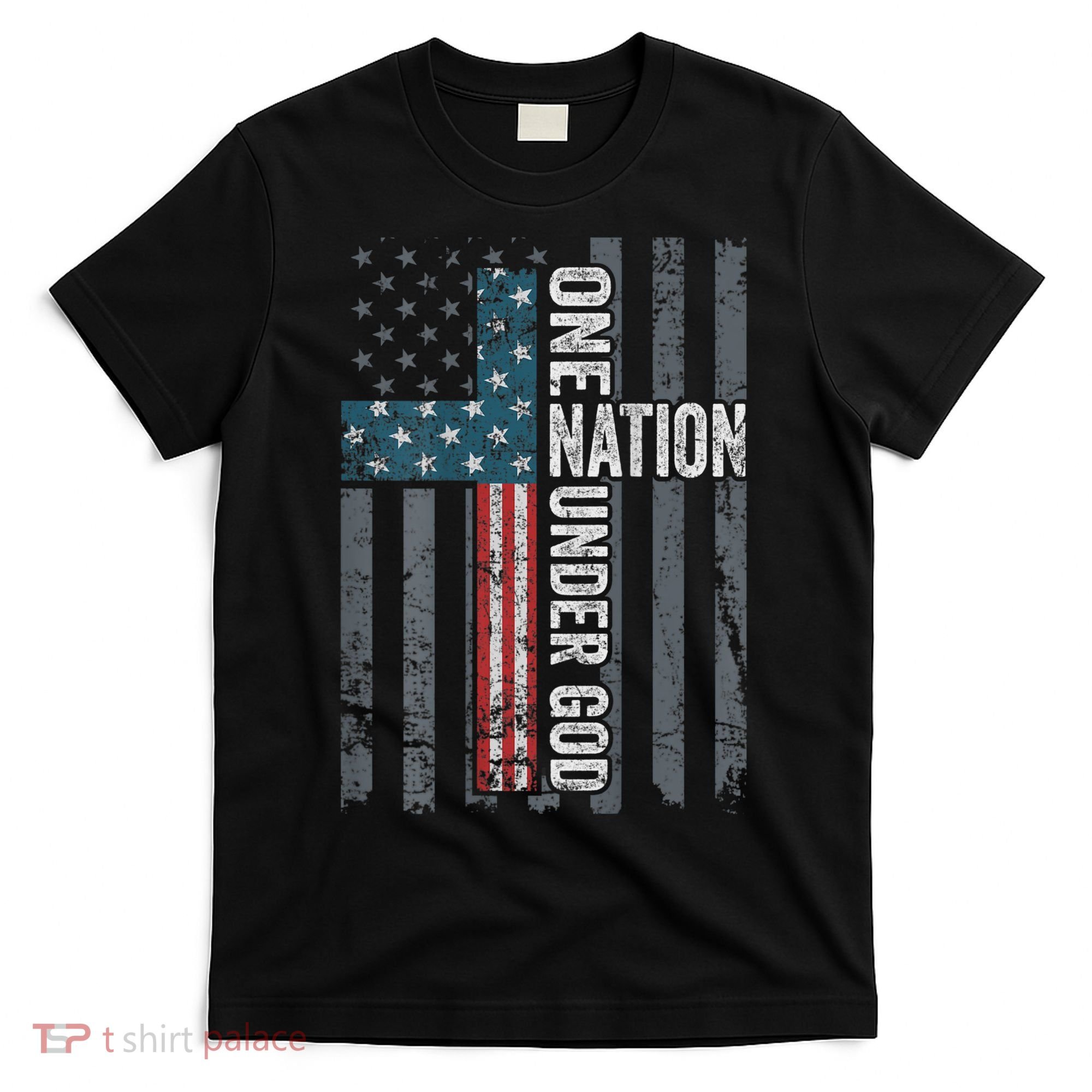 ONE NATION UNDER GOD USA Cross Flag Christian ON BACK T-Shirt