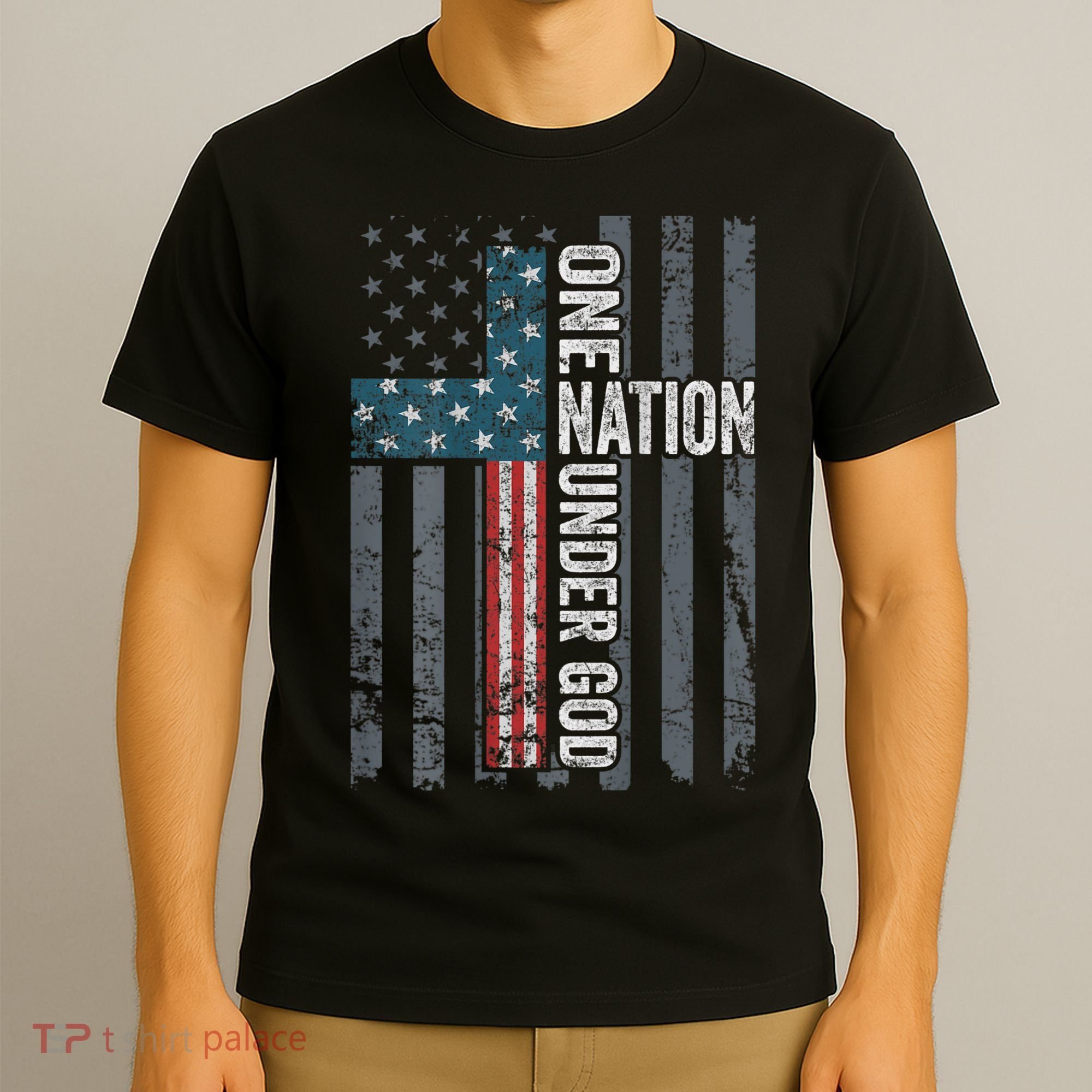 ONE NATION UNDER GOD USA Cross Flag Christian ON BACK T-Shirt