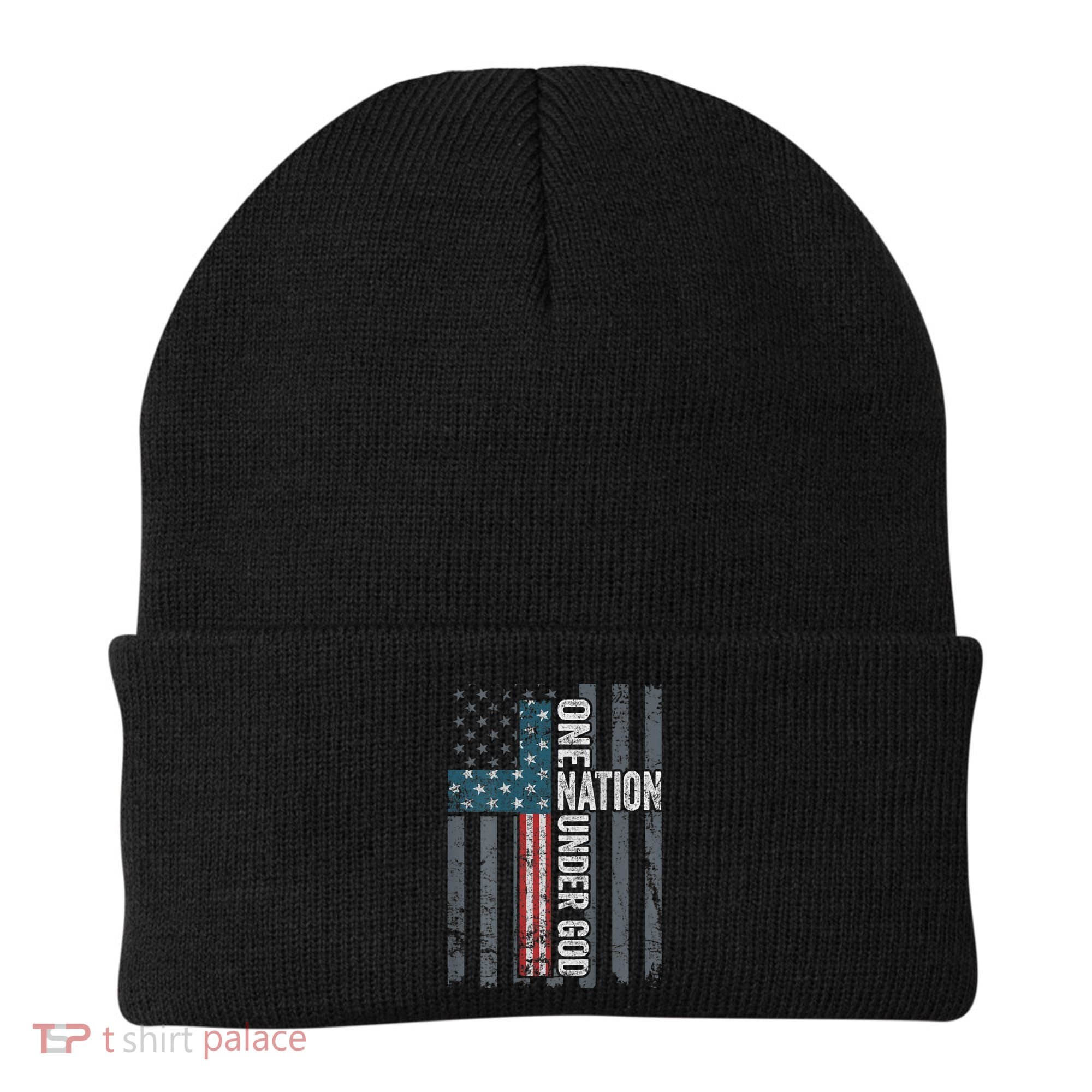 ONE NATION UNDER GOD USA Cross Flag Christian ON BACK Beanie