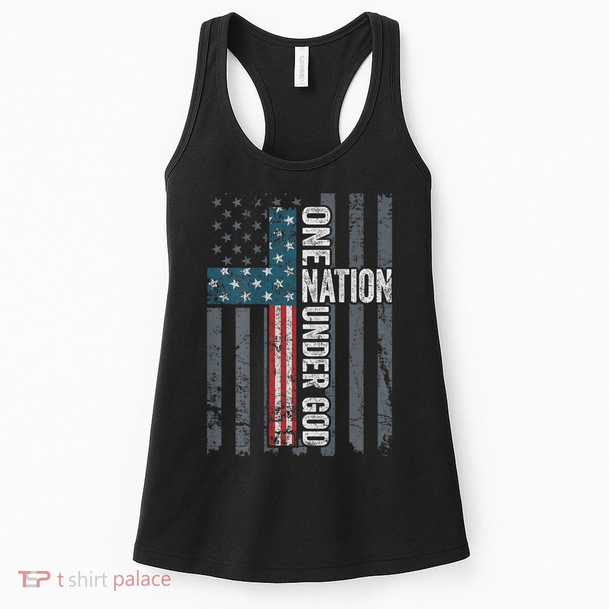 ONE NATION UNDER GOD USA Cross Flag Christian ON BACK Women's Tank Top
