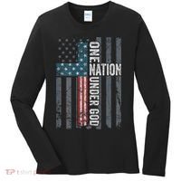 ONE NATION UNDER GOD USA Cross Flag Christian ON BACK Women's Long Sleeve Shirt thumb 0