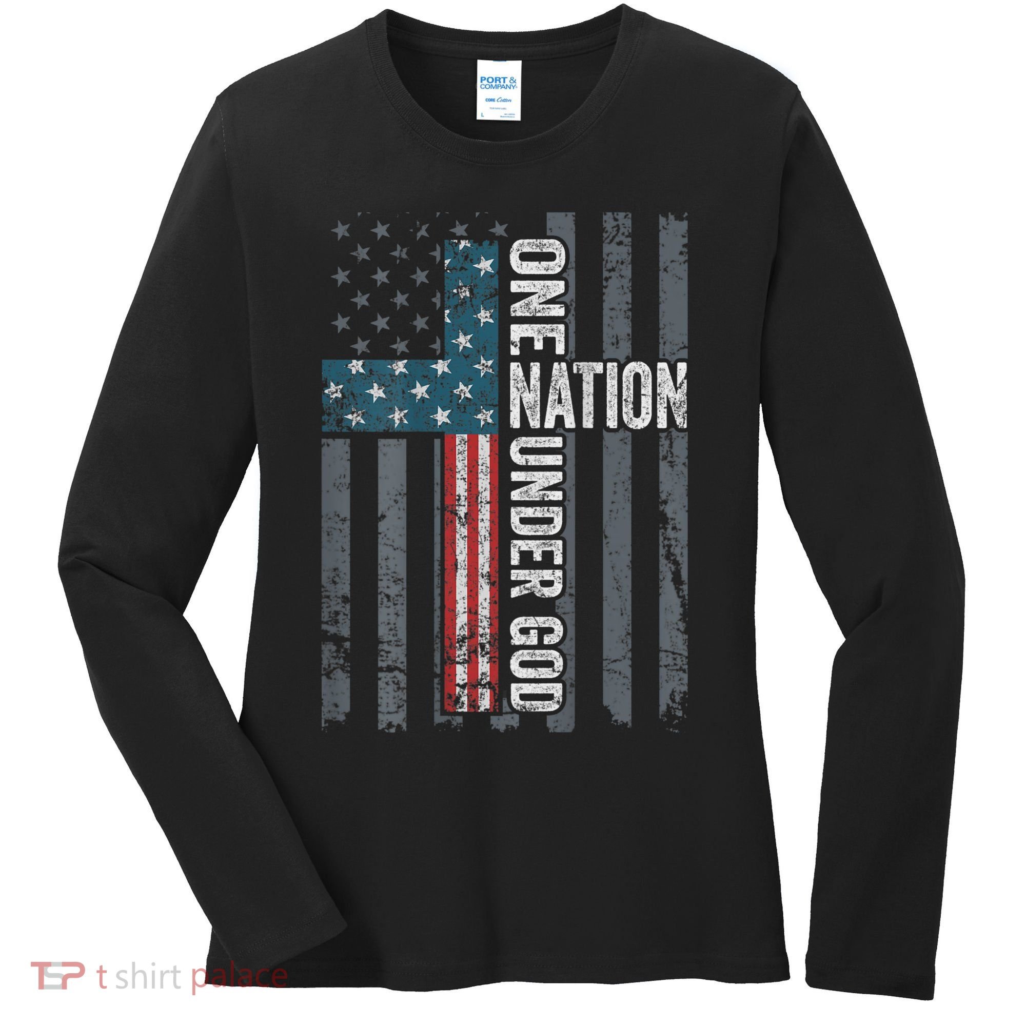 ONE NATION UNDER GOD USA Cross Flag Christian ON BACK Women's Long Sleeve Shirt