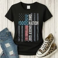 ONE NATION UNDER GOD USA Cross Flag Christian ON BACK Women's T-Shirt thumb 3