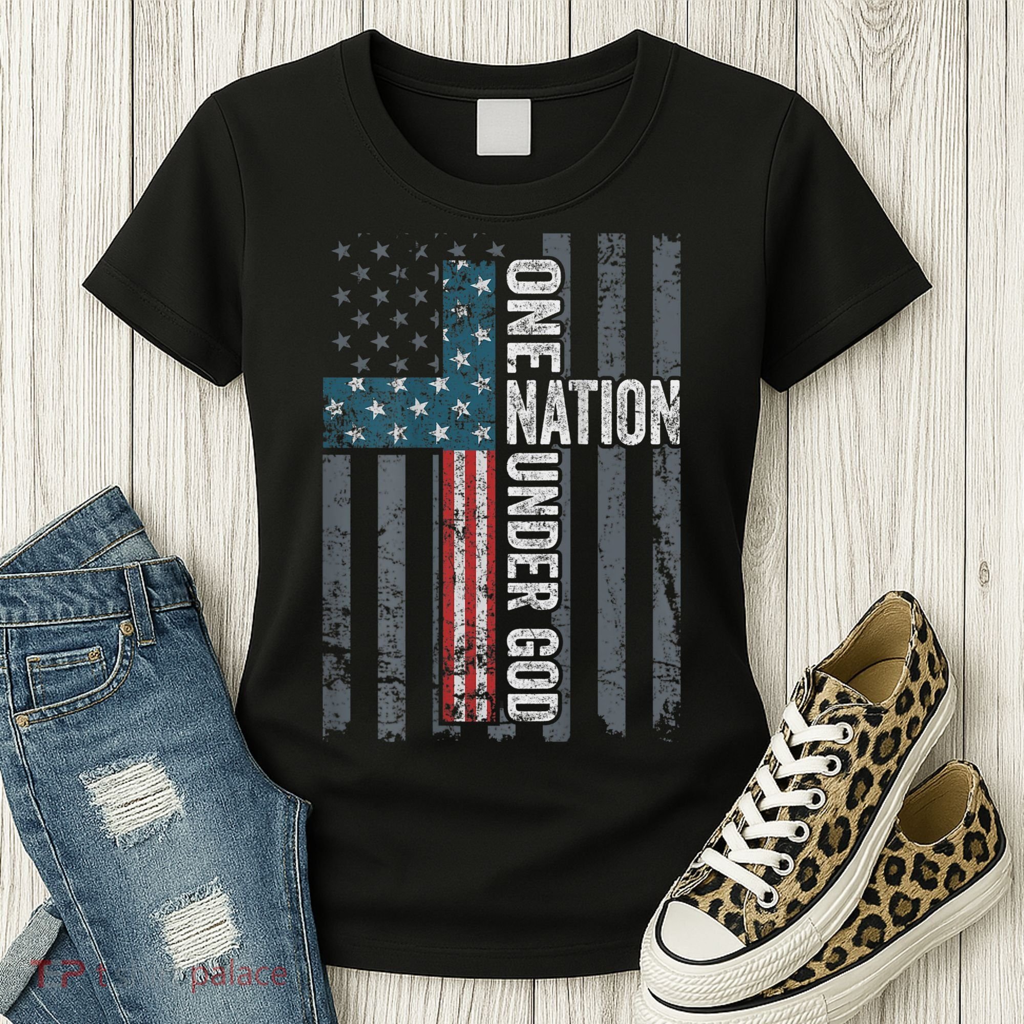 ONE NATION UNDER GOD USA Cross Flag Christian ON BACK Women's T-Shirt