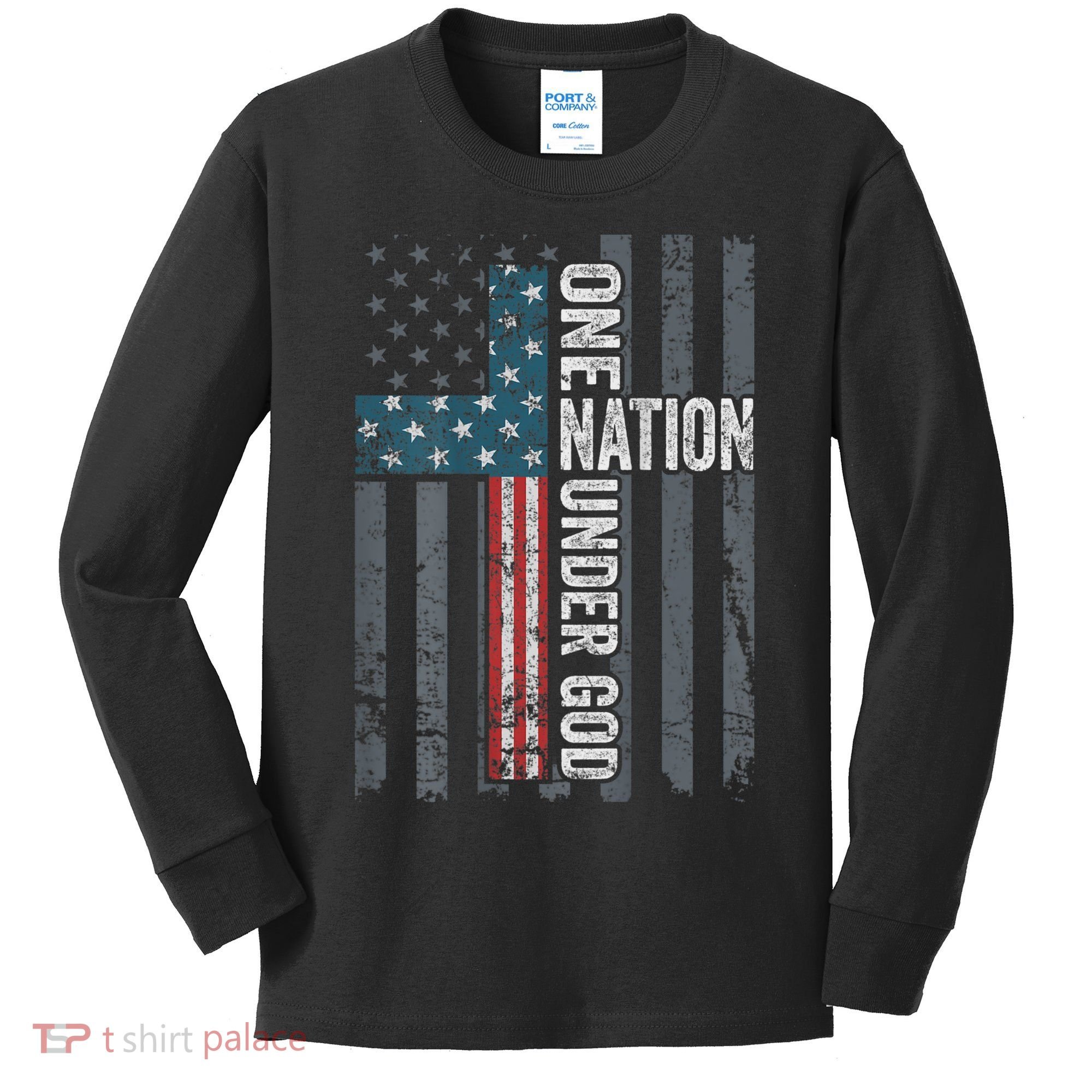 ONE NATION UNDER GOD USA Cross Flag Christian ON BACK Kids Long Sleeve Shirt