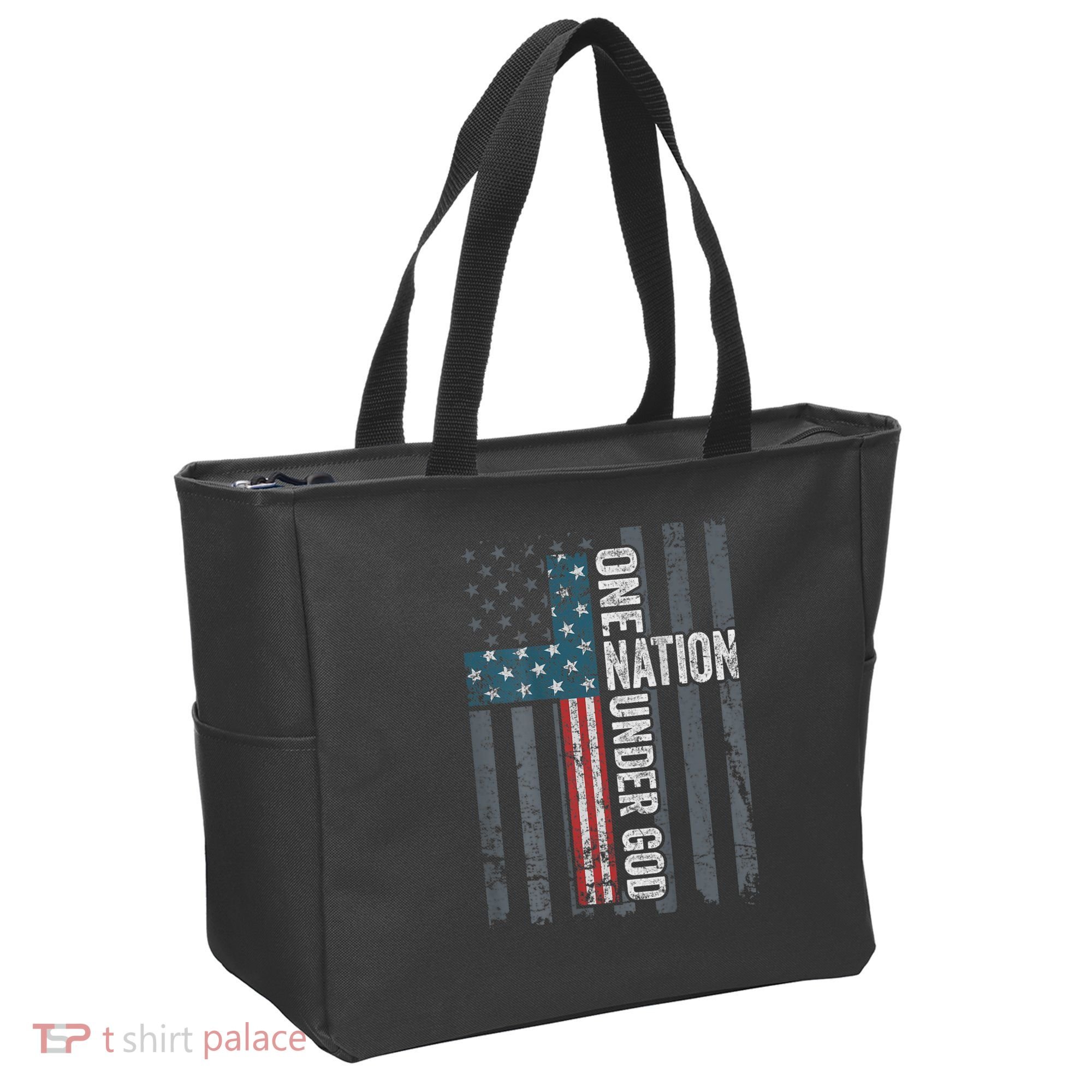 ONE NATION UNDER GOD USA Cross Flag Christian ON BACK Tote Bag