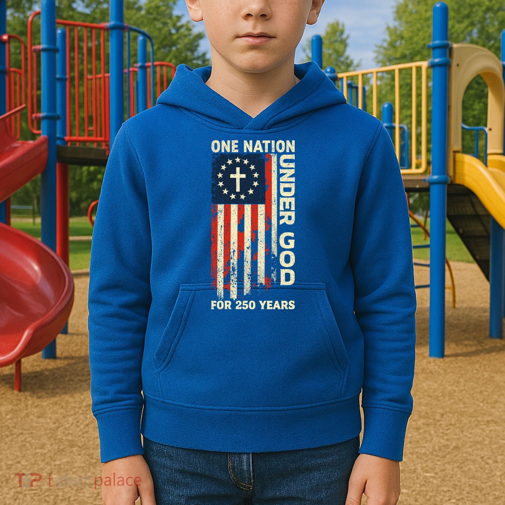 One Nation Under God For 250 Years Distressed Grunge USA Flag Kids Hoodie