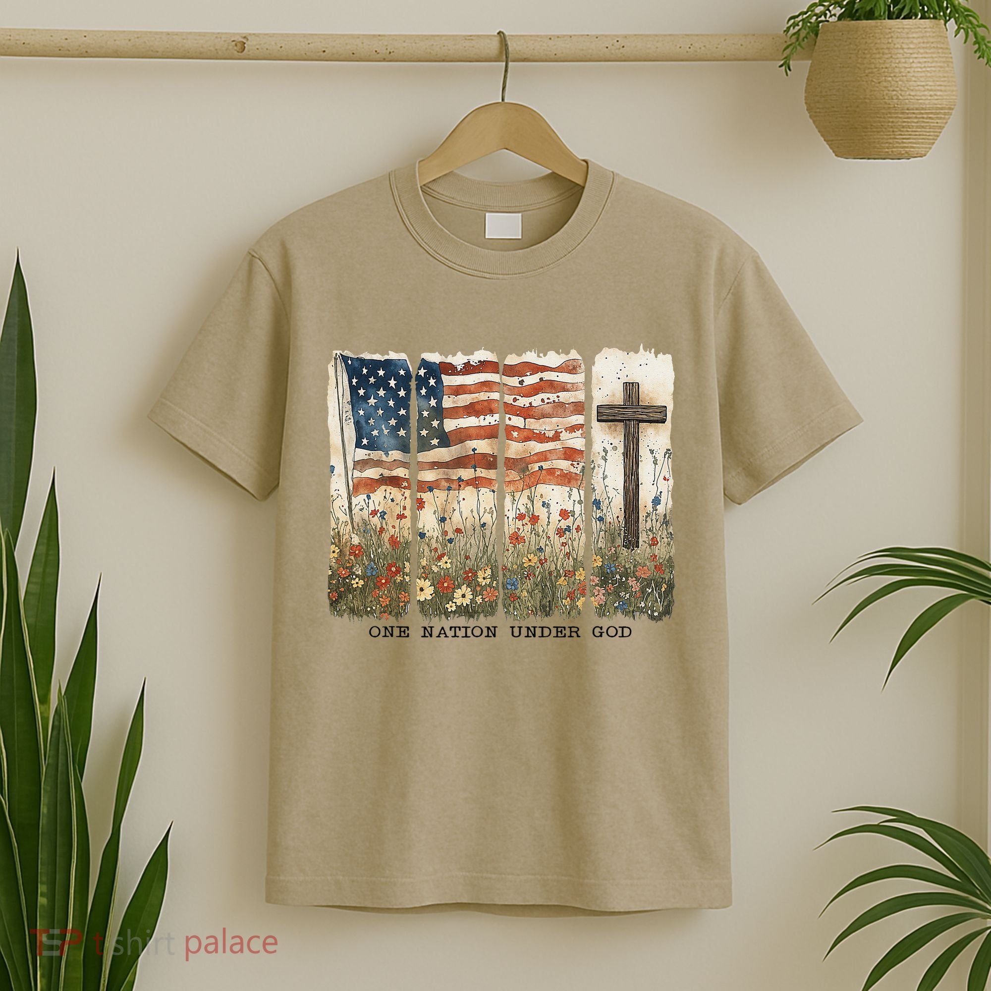 One Nation Under God USA Flag Cross Floral Christian Women Gift T-Shirt
