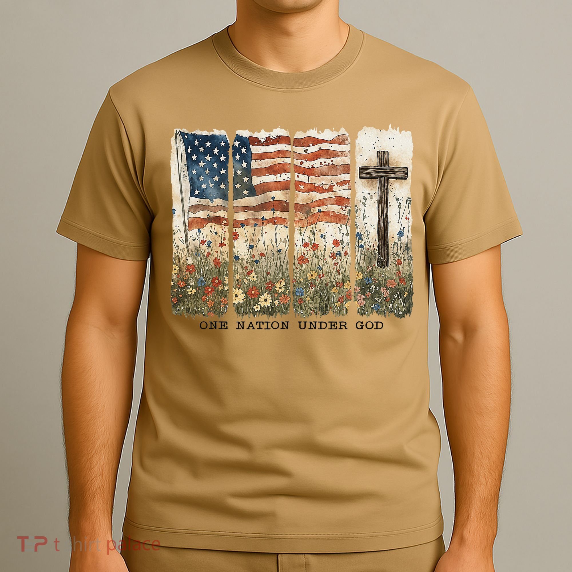 One Nation Under God USA Flag Cross Floral Christian Women Gift T-Shirt