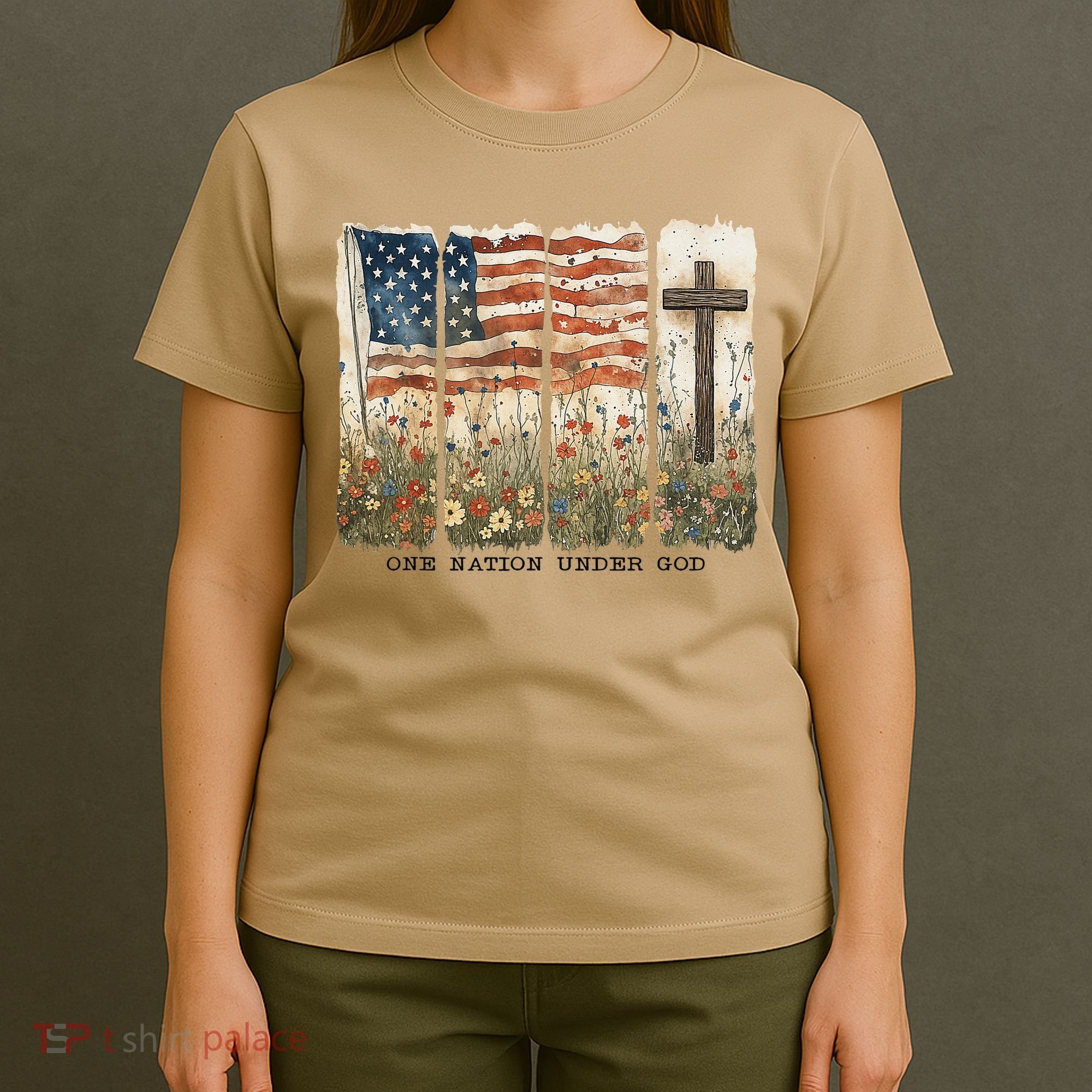 One Nation Under God USA Flag Cross Floral Christian Women Gift T-Shirt