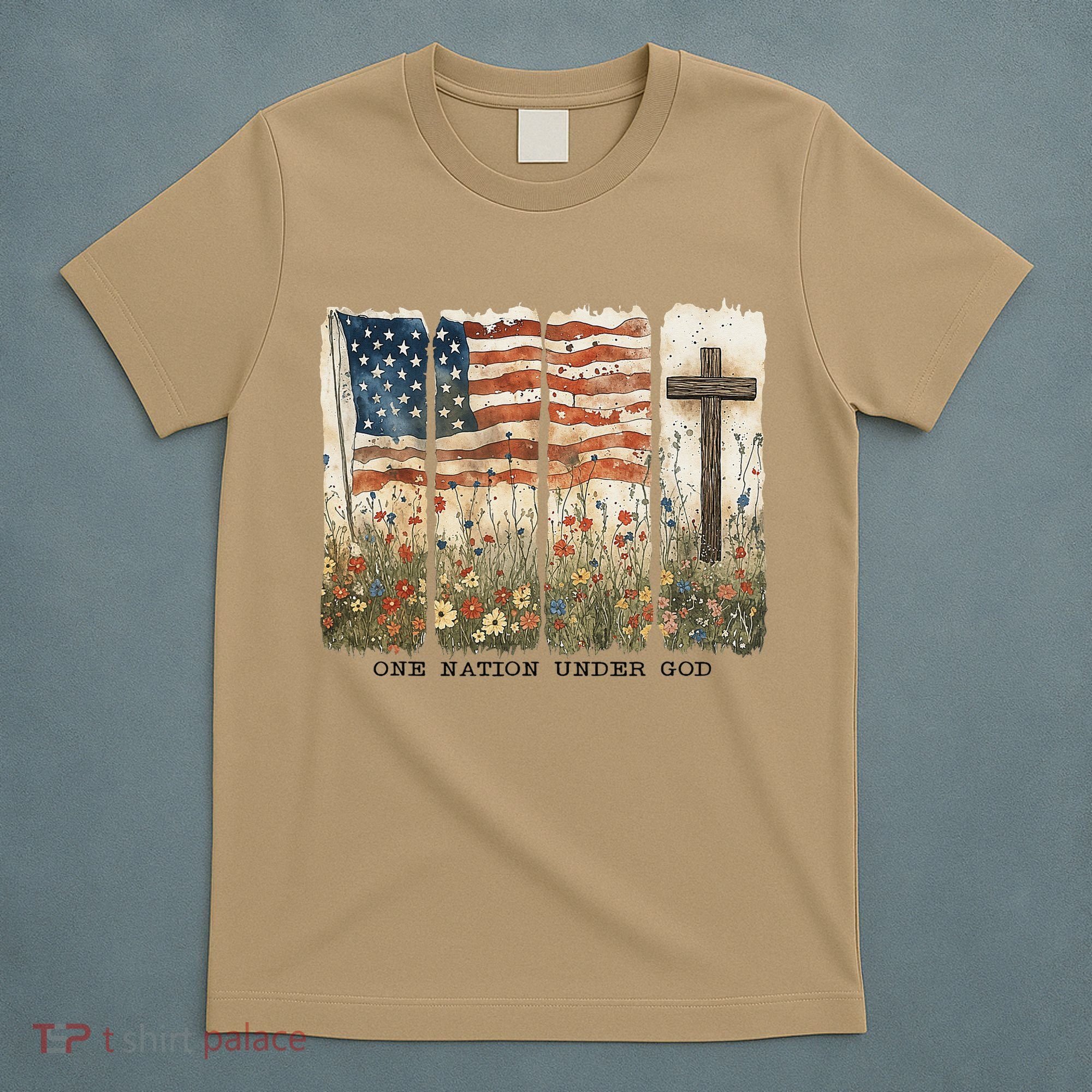 One Nation Under God USA Flag Cross Floral Christian Women Gift T-Shirt