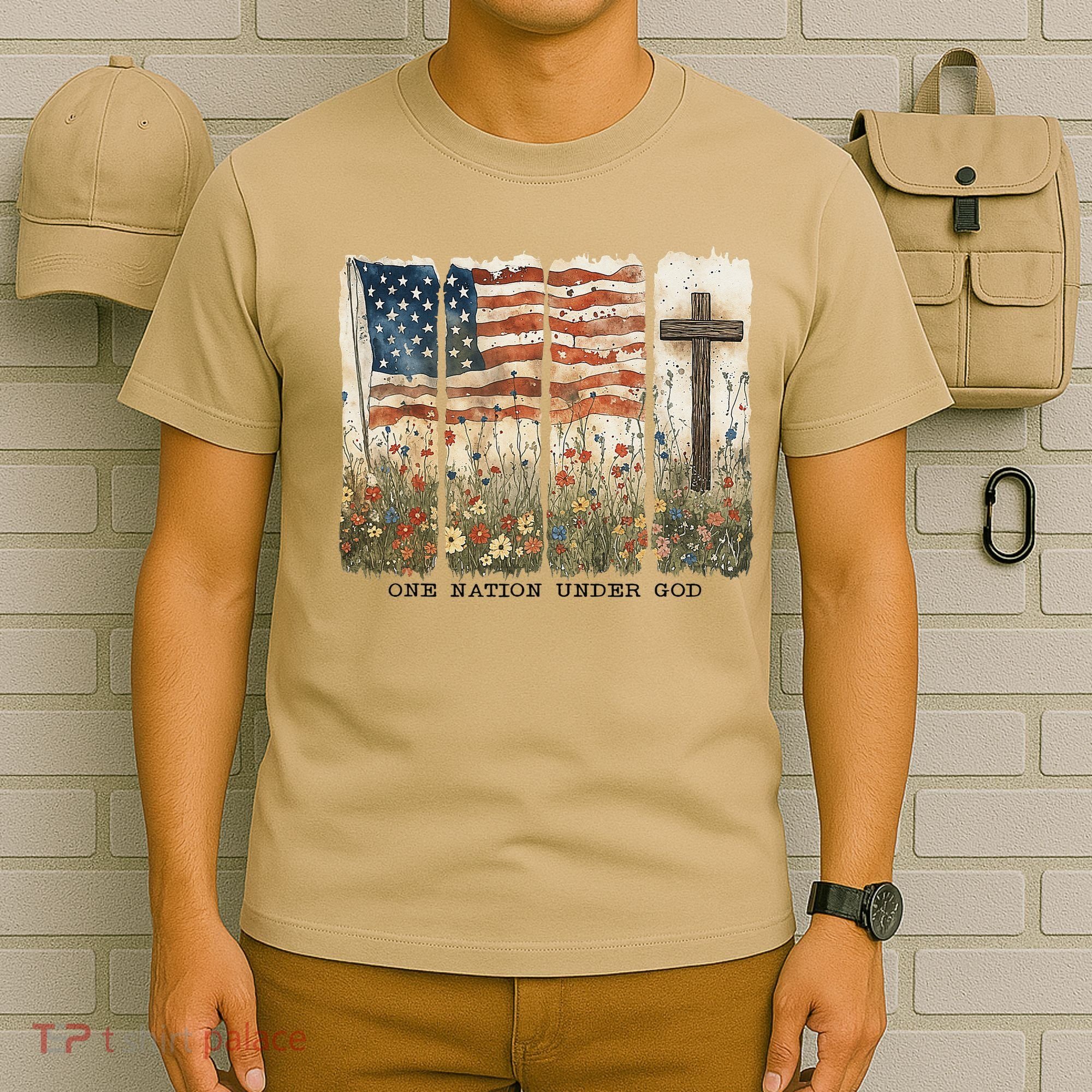 One Nation Under God USA Flag Cross Floral Christian Women Gift T-Shirt