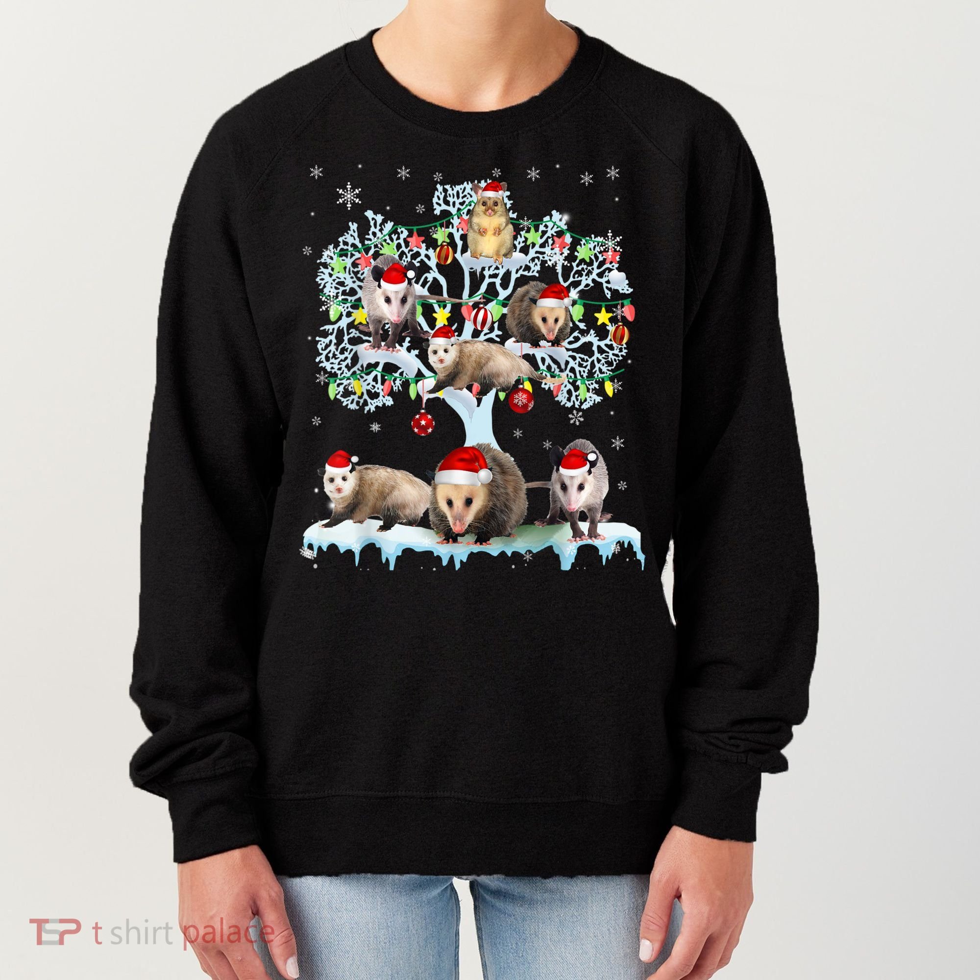 Opossums On Christmas Tree Xmas Lights Santa Opossum Lover Women's Sweatshirt
