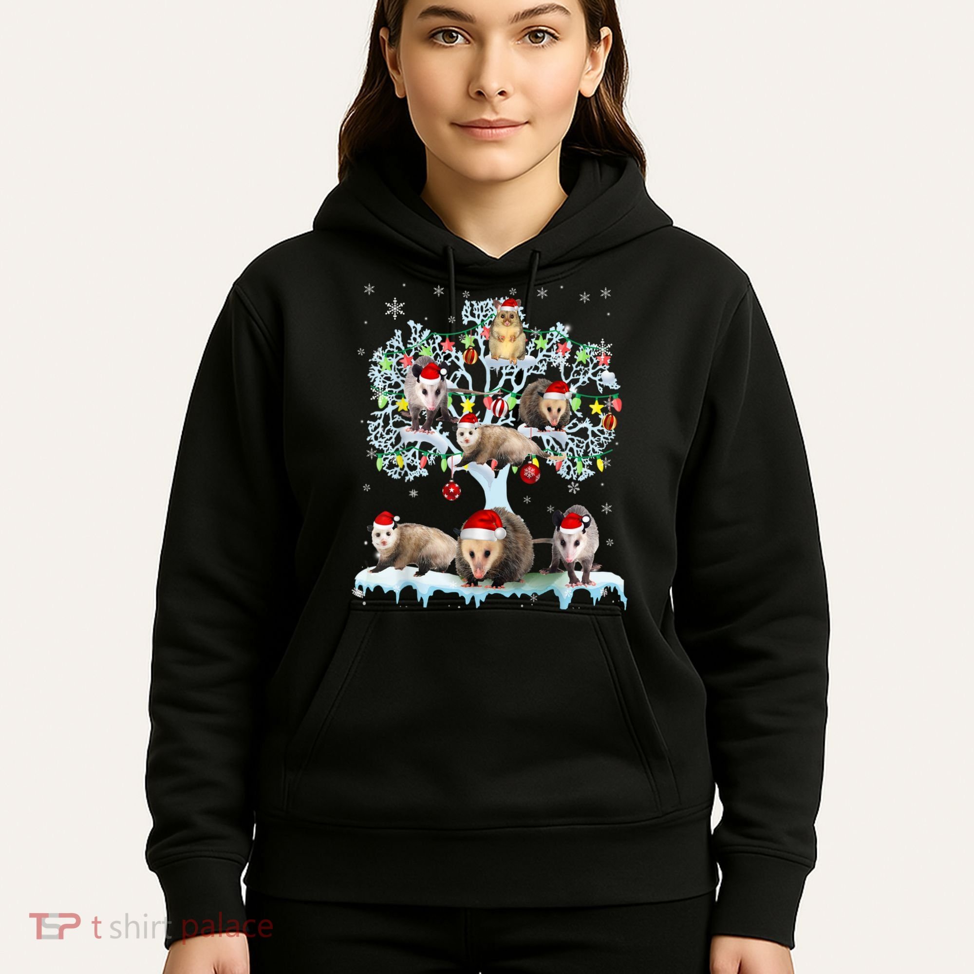 Opossums On Christmas Tree Xmas Lights Santa Opossum Lover Hoodie