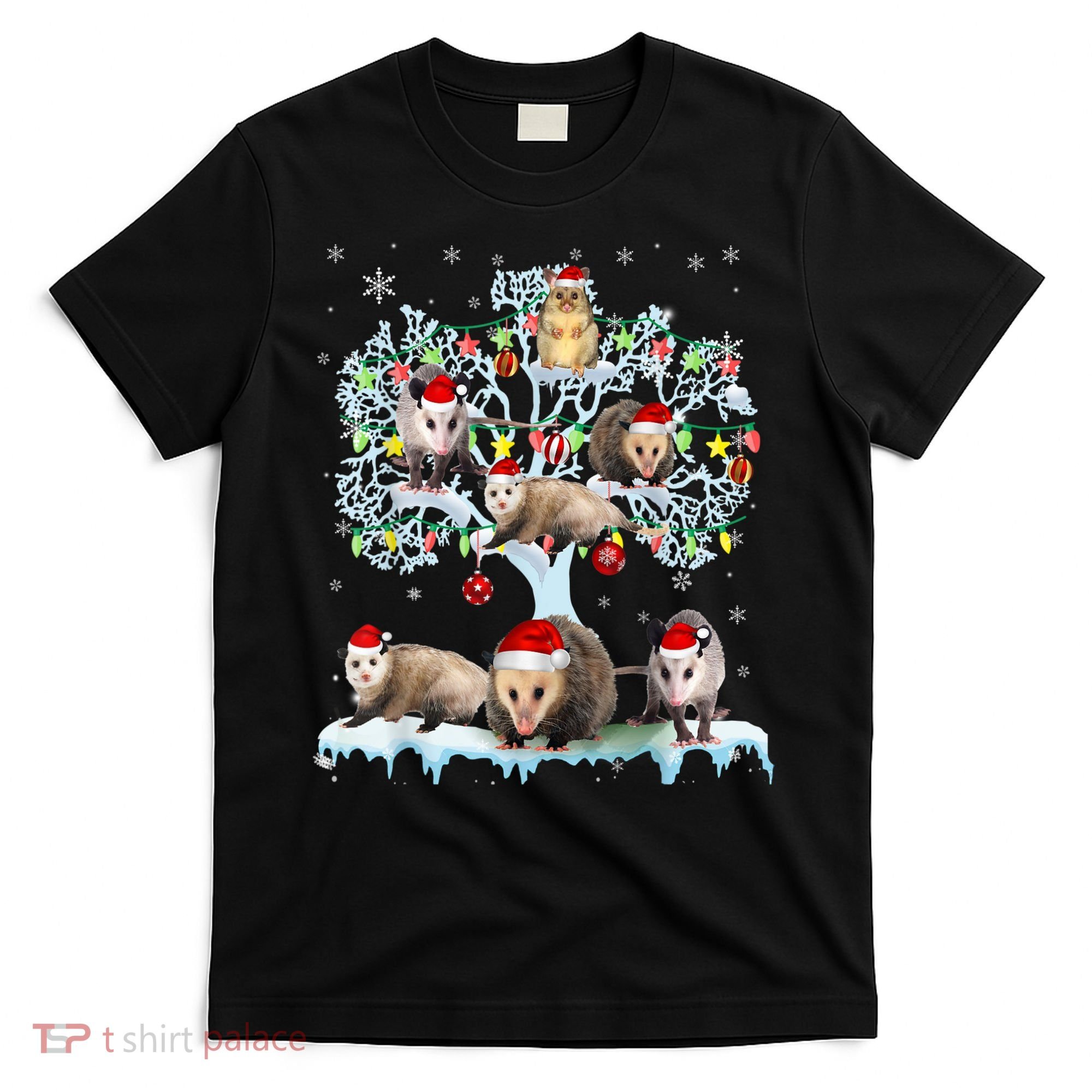 Opossums On Christmas Tree Xmas Lights Santa Opossum Lover T-Shirt